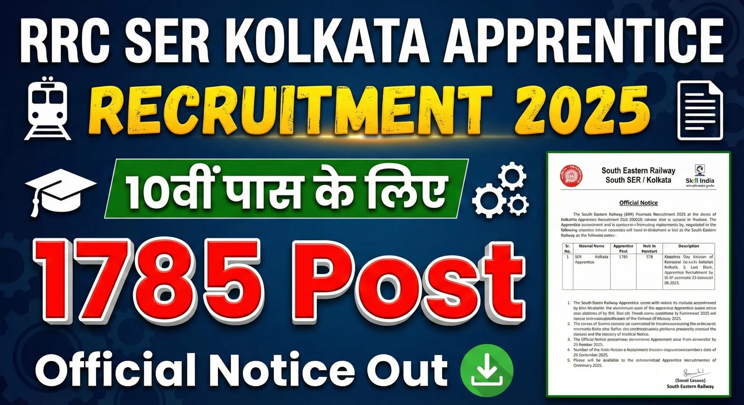 Railway RRC SER Apprentice Bharti 2025 Notification - Apply Online for 1785 Vacancies