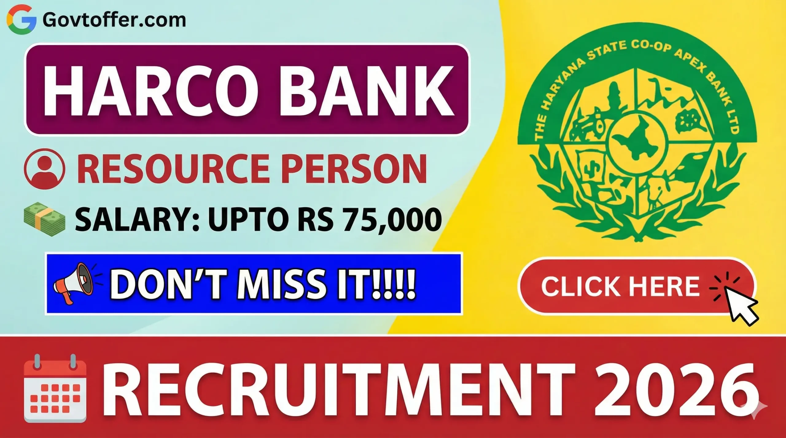 Haryana State Cooperative Bank HARCO Bank recruitment 2026 notification for Young Professional and Resource Person posts with Rs 75000 salary