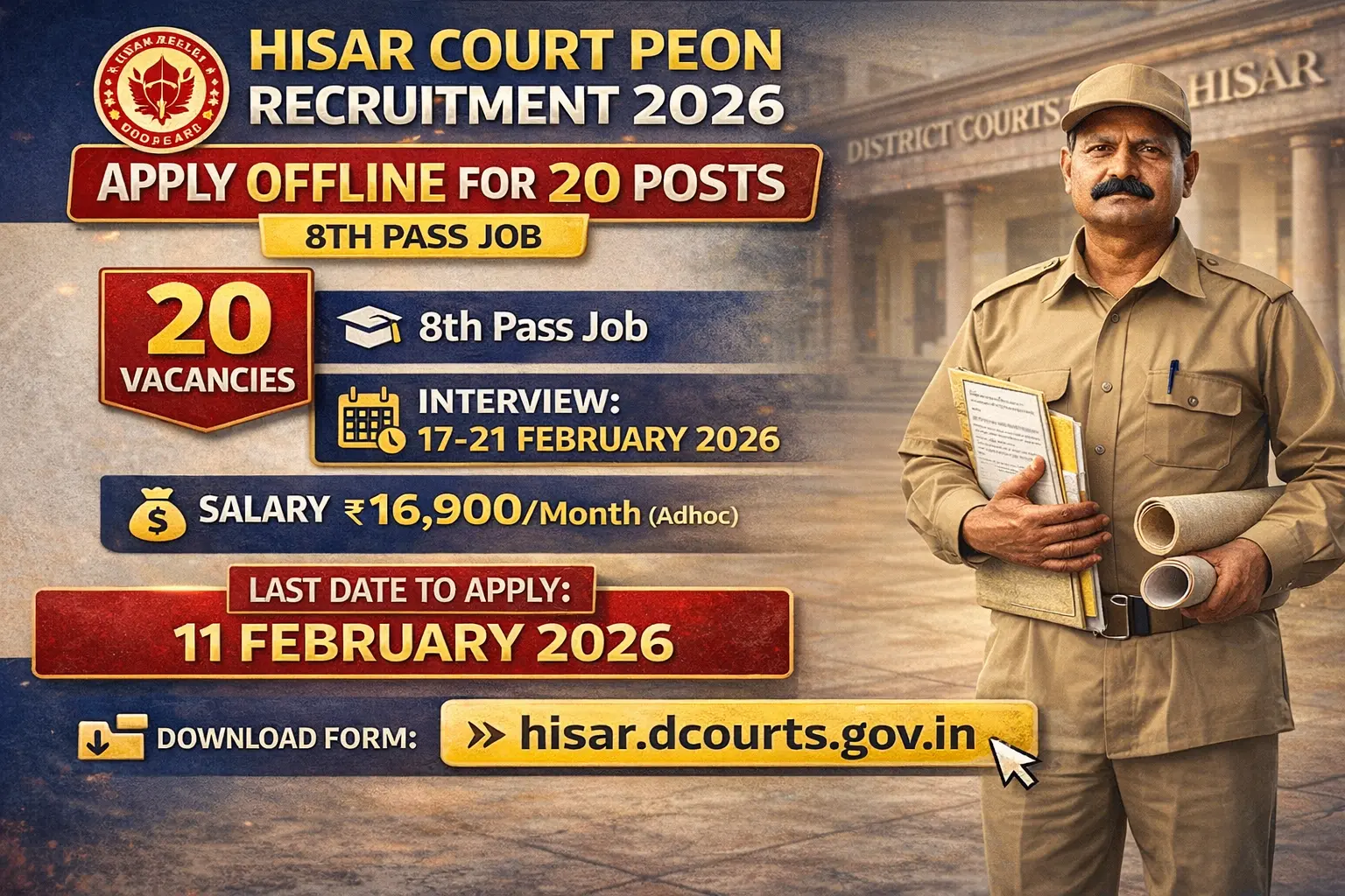 Hisar Court Peon Recruitment 2026: District and Sessions Judge Hisar recruitment for 20 peon posts, salary Rs 16900, 8th pass apply offline, interview 17-21 Feb
