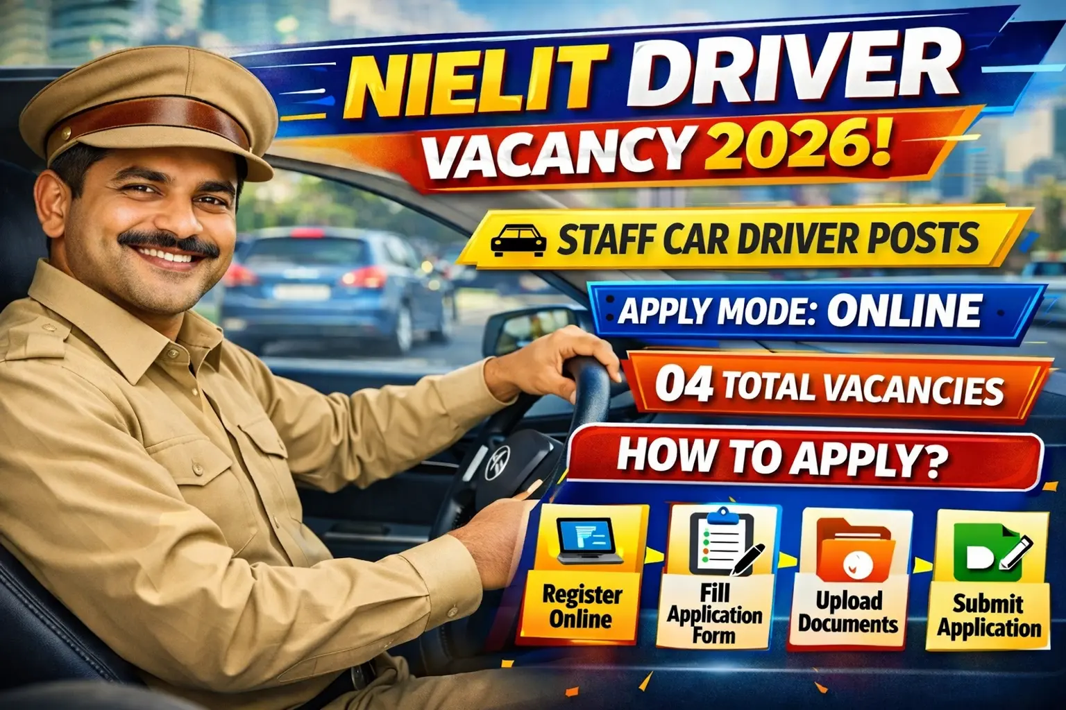 NIELIT Driver Vacancy 2026: National Institute of Electronics and Information Technology recruitment for 04 Staff Car Driver posts, salary Rs 19900, apply online