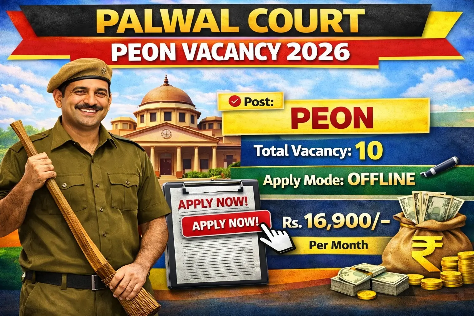 Palwal Court Peon Vacancy 2026: District and Sessions Judge Palwal recruitment for 10 Chaprasi posts, salary Rs 16900, 8th pass apply offline
