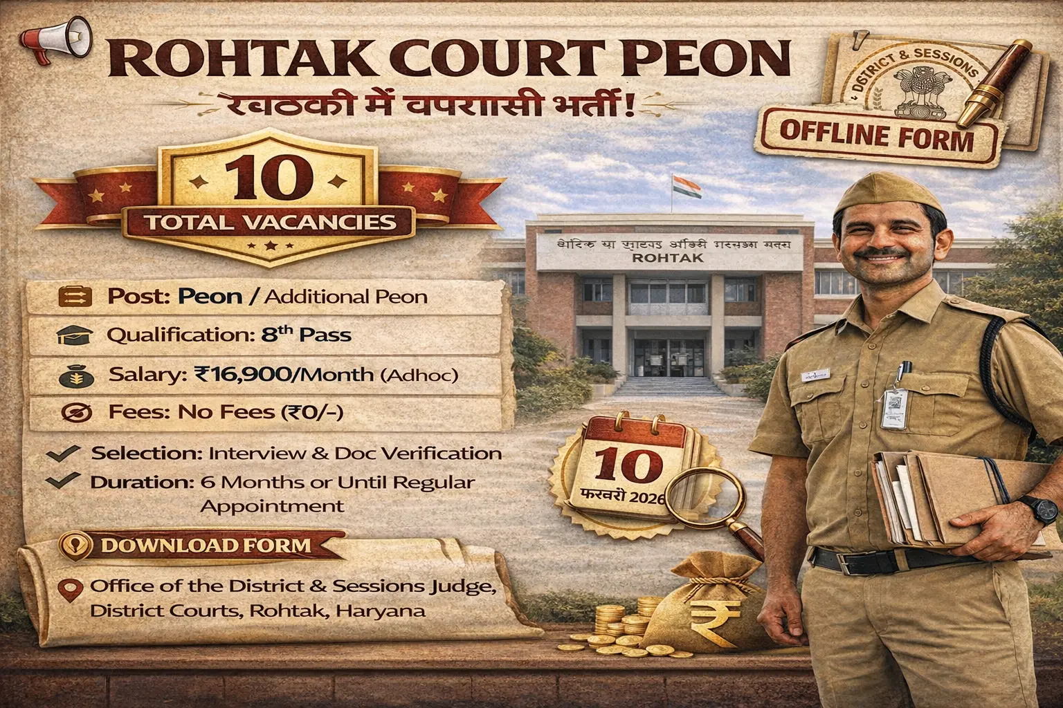 रोहतक कोर्ट चपरासी भर्ती 2026 - Rohtak Court Peon Recruitment 2026 Notification