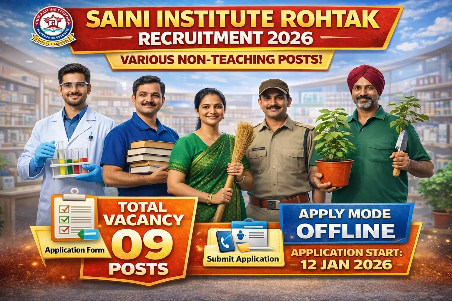 Saini Institute Rohtak Recruitment 2026: 09 posts for Peon, Mali, Lab Attendant, 10th pass apply offline, last date 4 Feb 2026
