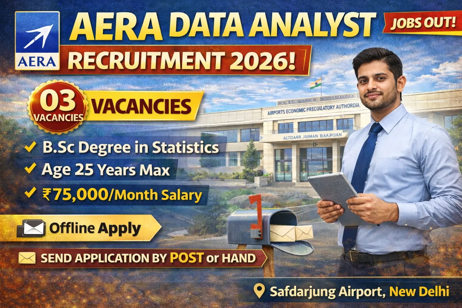 AERA Data Analyst Recruitment 2026 notification for 03 posts at Airports Economic Regulatory Authority India, B.Sc Statistics graduate eligible, salary Rs 75000 per month with 6 percent annual increment, contract basis 2 to 5 years, offline application via email post courier, last date 18 February 2026, job location Safdarjung Airport New Delhi