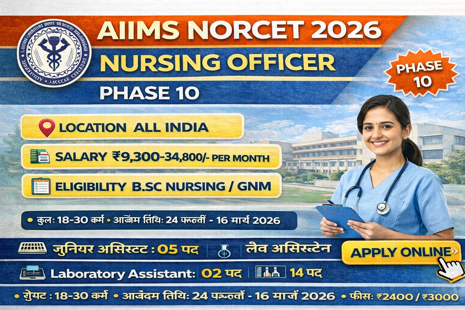 AIIMS NORCET 2026 nursing officer recruitment phase 10 notification, online application at aiimsexams.ac.in, BSc nursing and GNM diploma eligible, salary Rs 9300 to 34800, stage 1 exam 11 April 2026, stage 2 exam 30 April 2026, 25 plus AIIMS institutes across India, last date 16 March 2026
