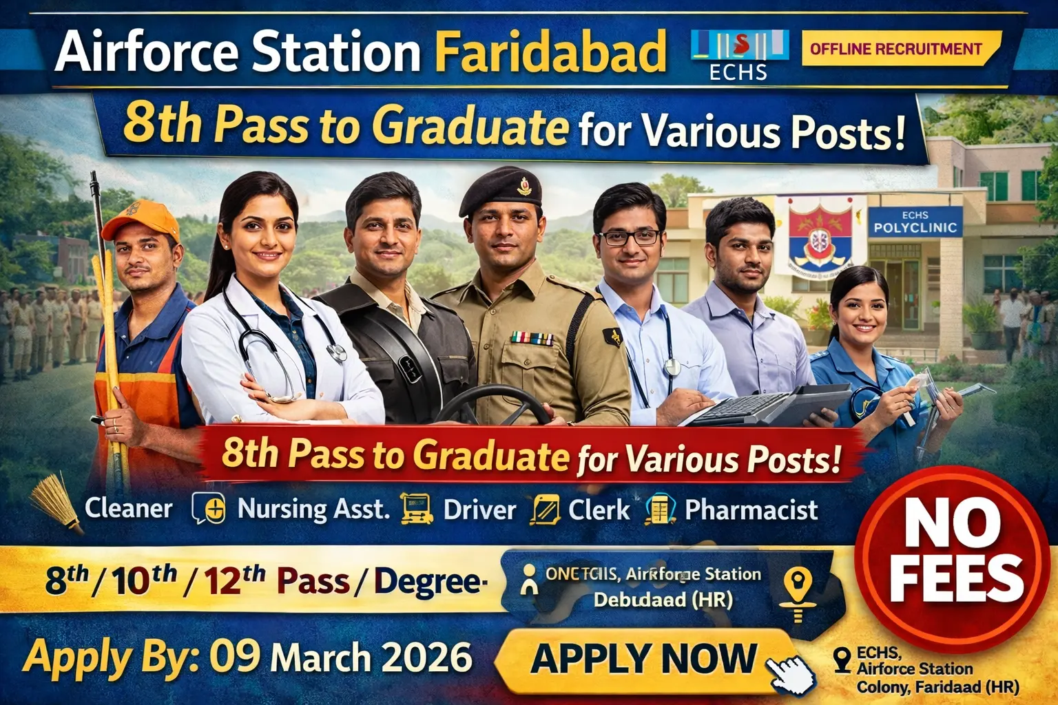 Airforce Station Faridabad ECHS recruitment 2026 notification for 14 posts including Clerk Cleaner Driver Pharmacist Nursing Assistant Data Entry Operator Lab Technician Dental Hygienist, salary Rs 38500, offline application free, Ex-Servicemen priority, last date 09 March 2026, Haryana defence jobs