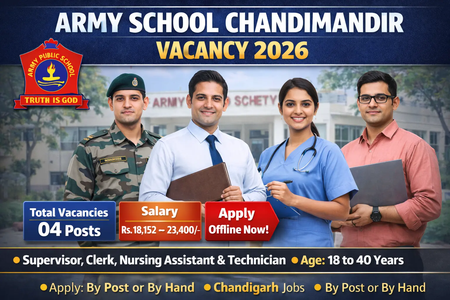 Army School Chandimandir vacancy 2026 notification for 04 non-teaching and administrative posts including Supervisor Administration 01 post for retired JCO LDC Clerk 01 post for graduates with computer knowledge Nursing Assistant 01 post for 12th pass with diploma in nursing Computer Lab Technician 01 post for 12th pass with diploma in computer salary Rs 18152 to Rs 23400 per month contractual jobs application fee Rs 250 paid through online payment link offline application by post or by hand last date 18 February 2026 Chandimandir Cantonment Panchkula Haryana