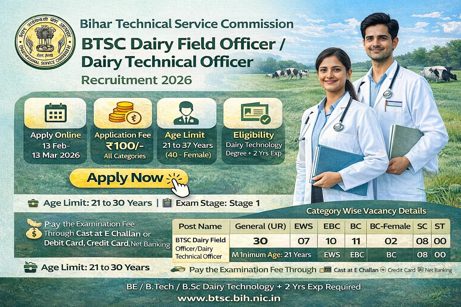 BTSC Dairy Field Officer Recruitment 2026 notification for 68 posts in Bihar, B.Tech B.Sc Dairy Technology with 2 years experience eligible, online application from 13 February to 13 March 2026, fee Rs 100 all categories