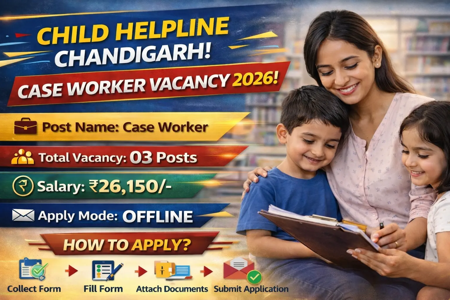Child Helpline Chandigarh Case Worker recruitment 2026 notification for 3 posts, salary Rs 26150 per month, graduate eligible, offline application free, last date 15 February 2026