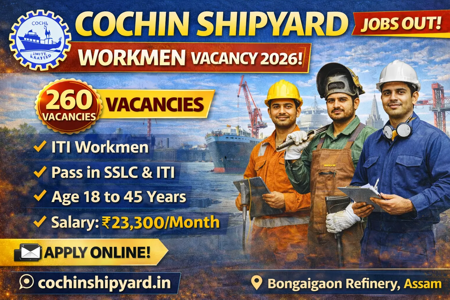 Cochin Shipyard Limited workmen recruitment 2026 notification for 260 ITI posts with NTC certificate, salary Rs 23300 per month, online application, last date 16 February 2026, Kerala PSU jobs