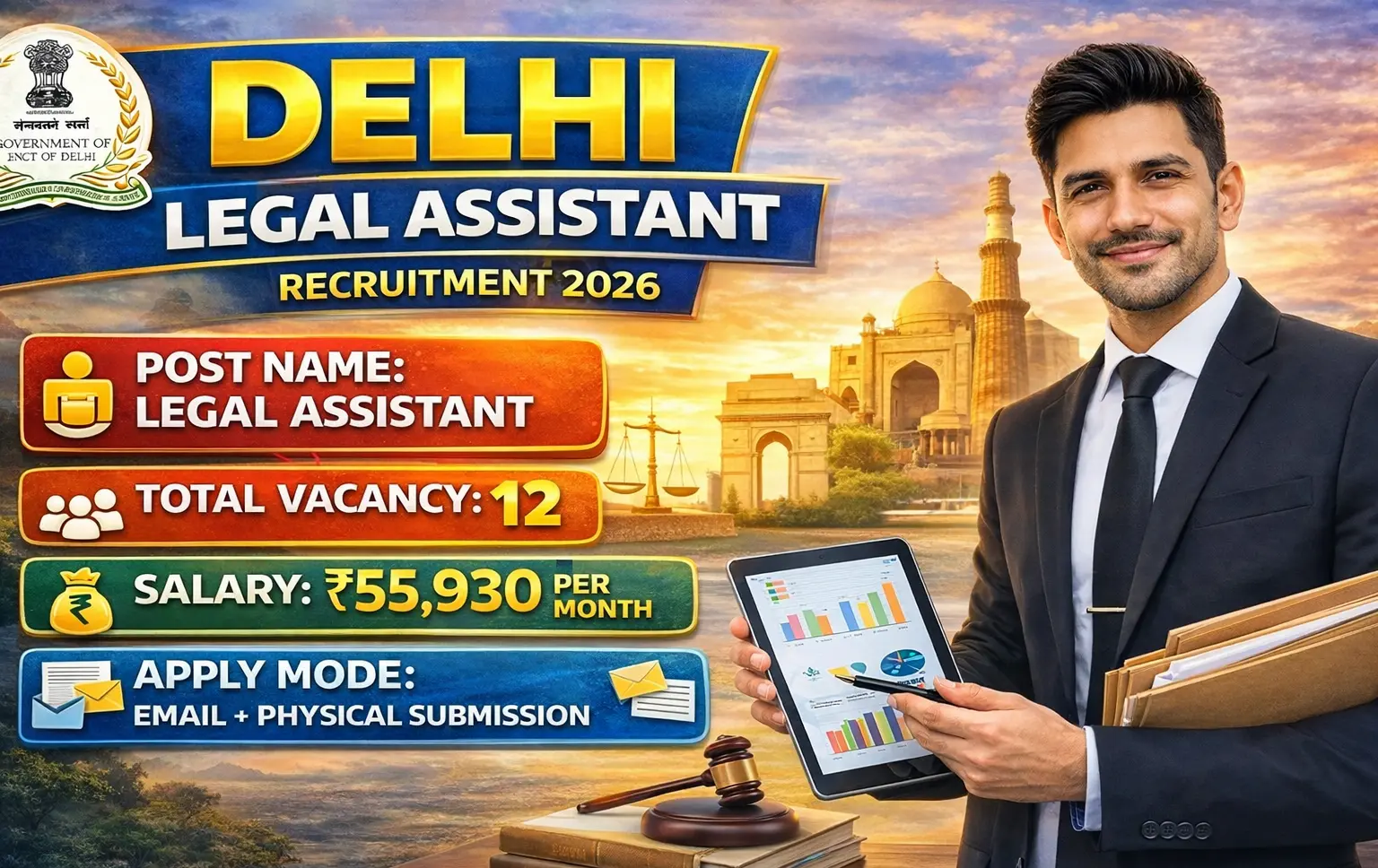 Delhi Legal Assistant Recruitment 2026: Revenue Department Delhi invites applications for 12 Legal Assistant posts, Salary 55930, Last Date 9 Feb