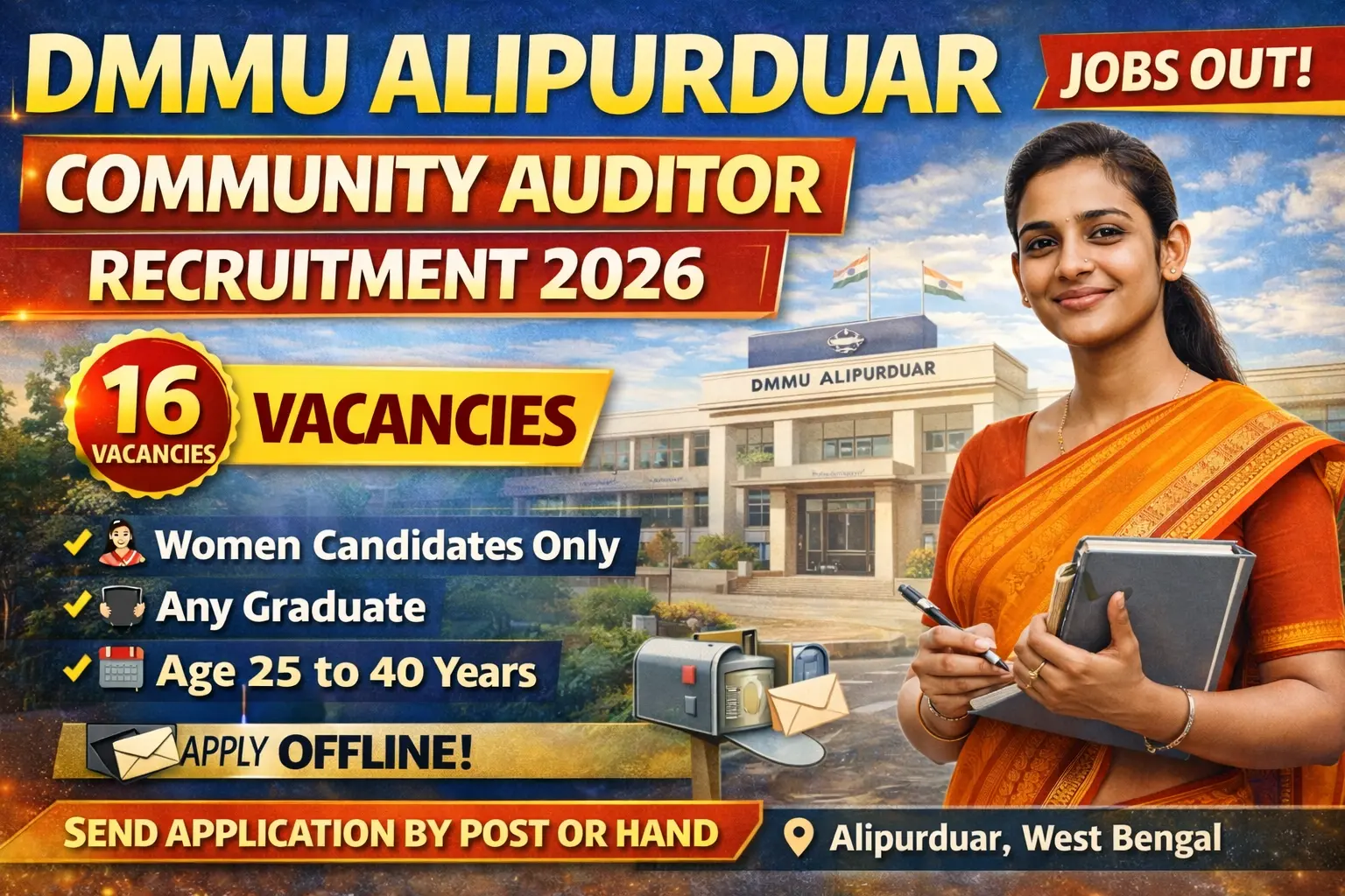 DMMU Alipurduar community auditor recruitment 2026 notification for 16 posts only for women SHG members under NRLM, 12th commerce or graduate eligible, age 25 to 40 years, offline application last date 16 February 2026