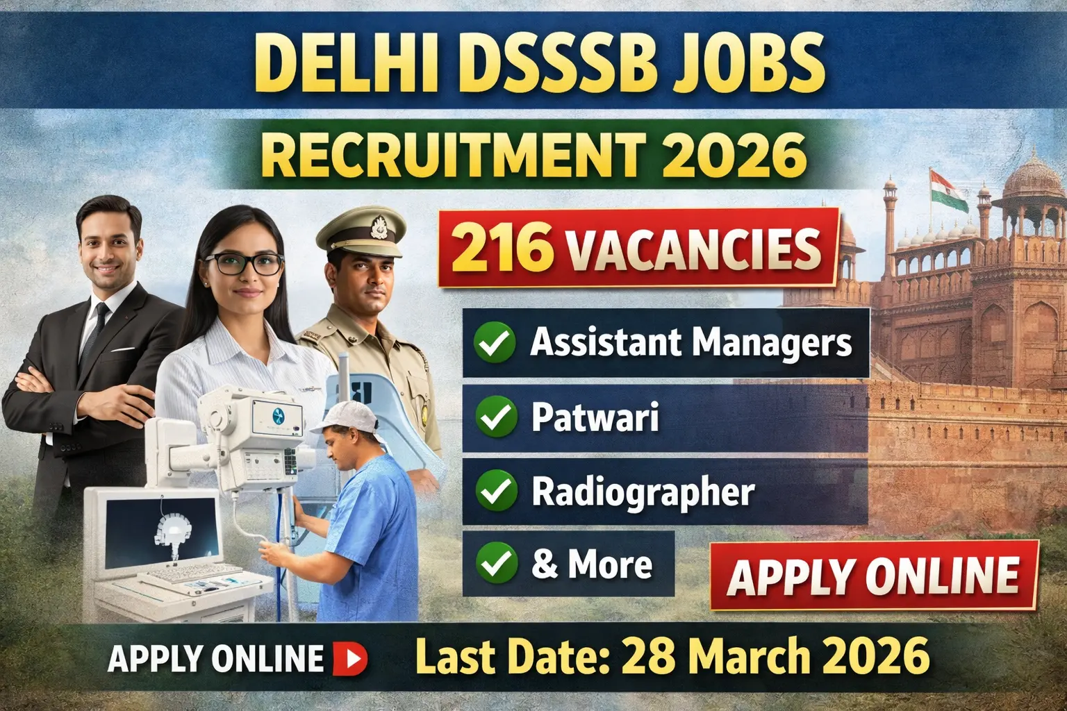 DSSSB recruitment 2026 notification for 216 posts including Assistant Manager, Radiographer 96 posts, Patwari, Optometrist, Stenographer, fee Rs 100, online application 27 February to 28 March 2026, Delhi government jobs