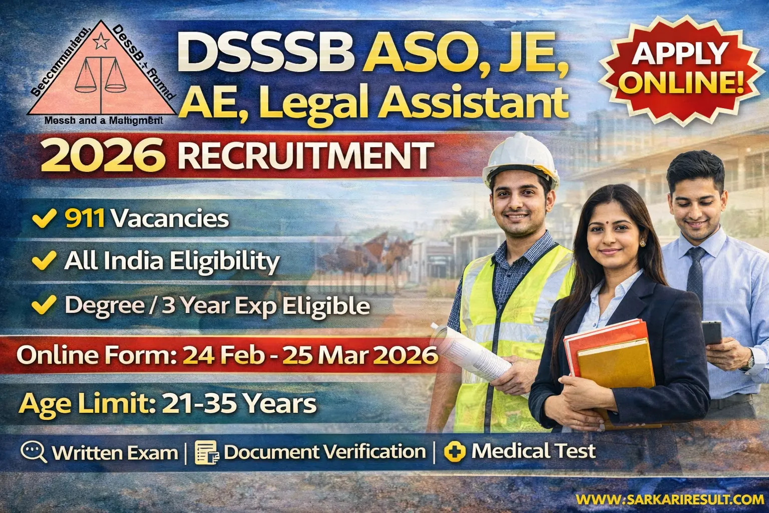 DSSSB recruitment 2026 notification for 911 posts including ASO 587 JE Civil 281 AE Civil 33 Legal Assistant 10, Advt 01/2026, fee Rs 100 free for SC ST PH, online application, last date 25 March 2026, Delhi Government Jobs