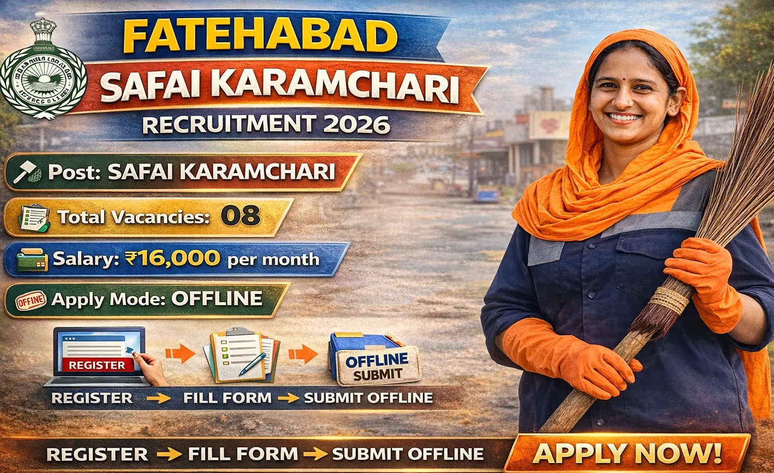 Fatehabad Safai Karamchari Recruitment 2026: 08 posts in Fatehabad villages, Salary 16000, Apply Offline before 7 Feb