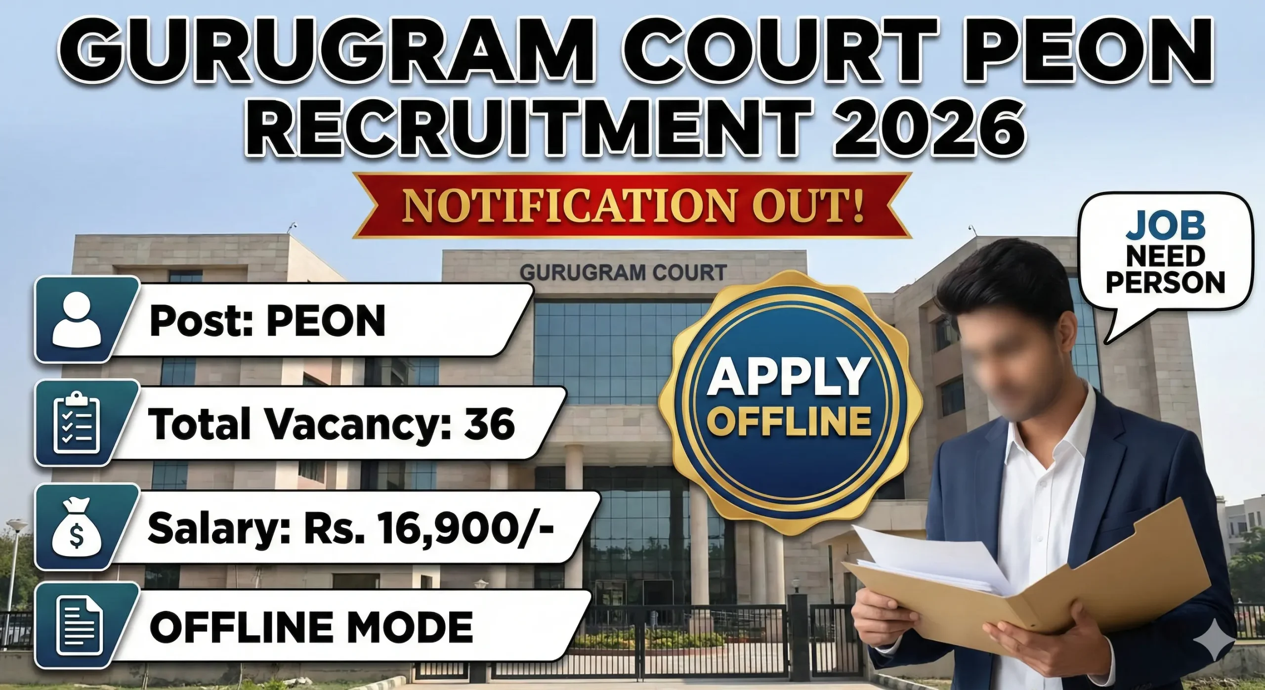 Gurugram District Court Peon recruitment 2026 notification for 36 posts, 8th pass eligible, salary Rs 16900 per month, offline application free, interview 16-24 March, last date 27 February 2026