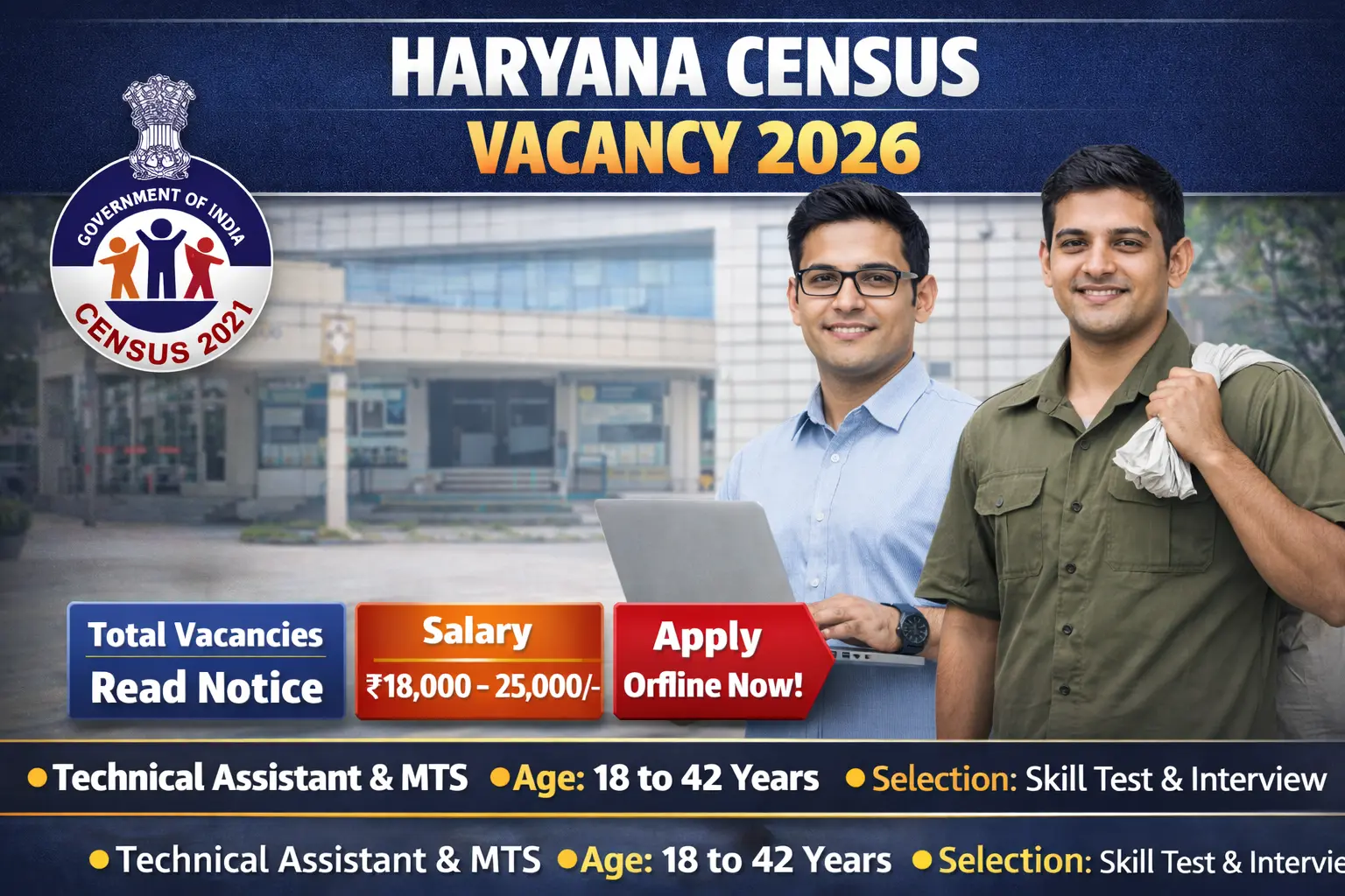 Haryana Census Vacancy 2026 Official Recruitment for Technical Assistant and MTS Posts - 10th Pass Can Apply Free