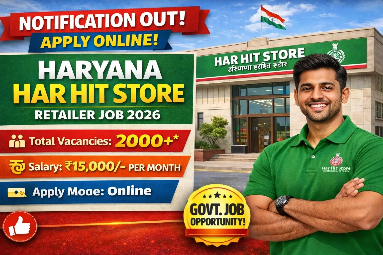 Haryana Har Hit Store franchise 2026 notification for 2000 retail stores, 1500 rural and 500 urban, monthly income 15000 rupees, free application, no last date, HAICL support