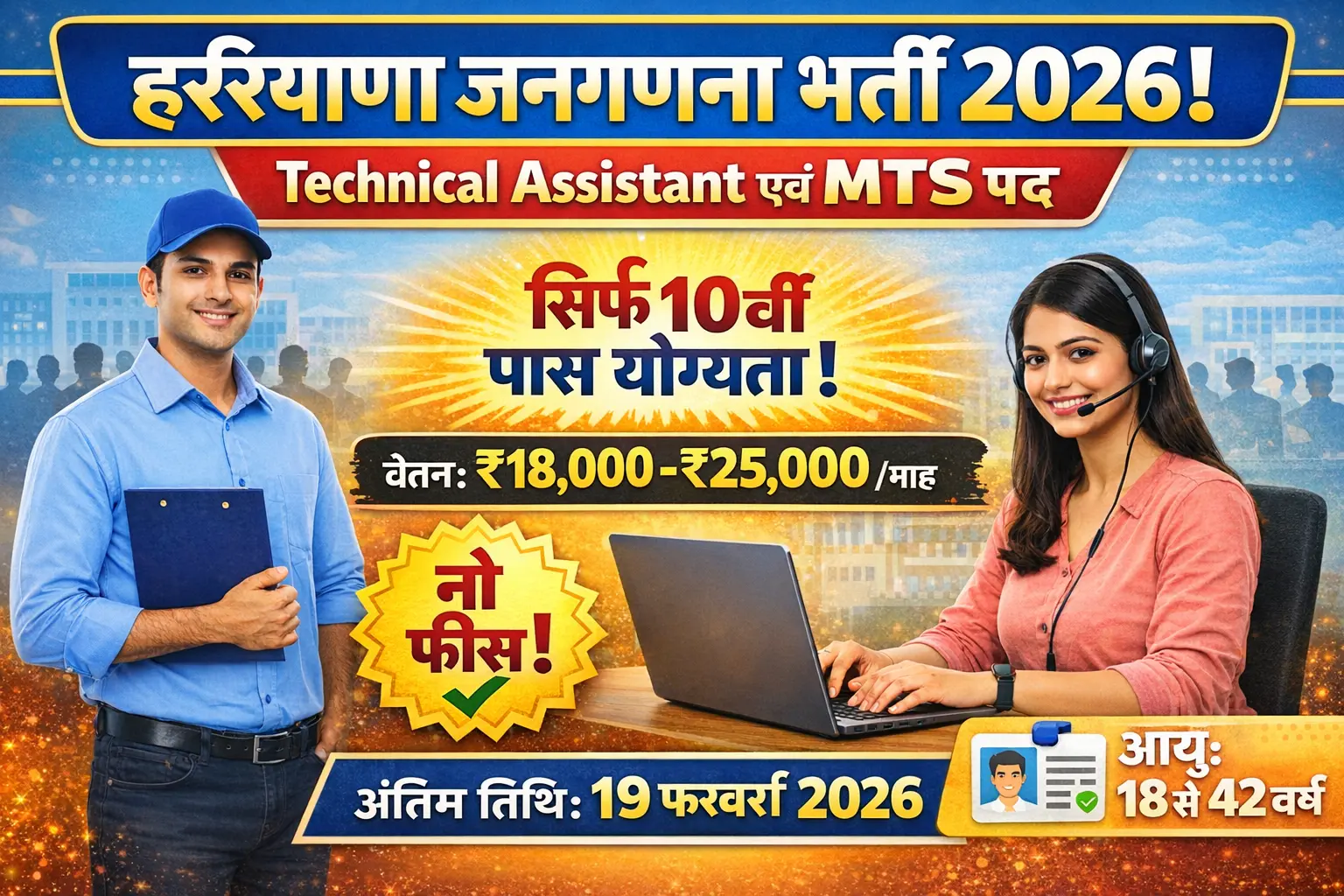 Hisar Census Department vacancy 2026 notification for 12 posts technical assistant and MTS, 10th pass, salary Rs 18000 to 25000 per month, free application by email, last date 19 February 2026