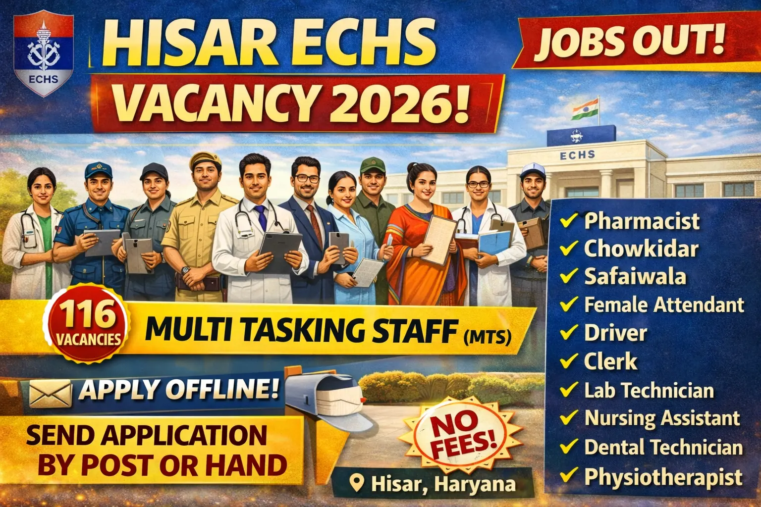 Hisar ECHS recruitment 2026 notification for 116 posts including pharmacist lab technician nursing assistant clerk driver, salary Rs 21800 to 36500 per month, offline application free, last date 8 February 2026