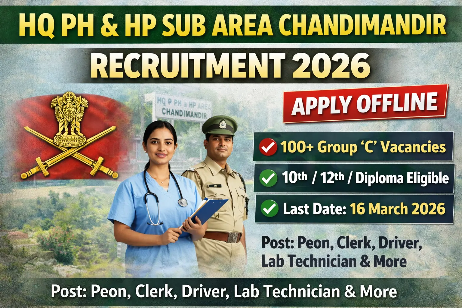 HQ Punjab Haryana Sub Area Chandimandir recruitment 2026 notification for 70 Group C civilian posts ECHS including Pharmacist 12, Nursing Assistant 8, Dental Hygienist 7, Lab Technician 7, Driver 6, no fee, offline application speed post, last date 16 March 2026, Panchkula Haryana