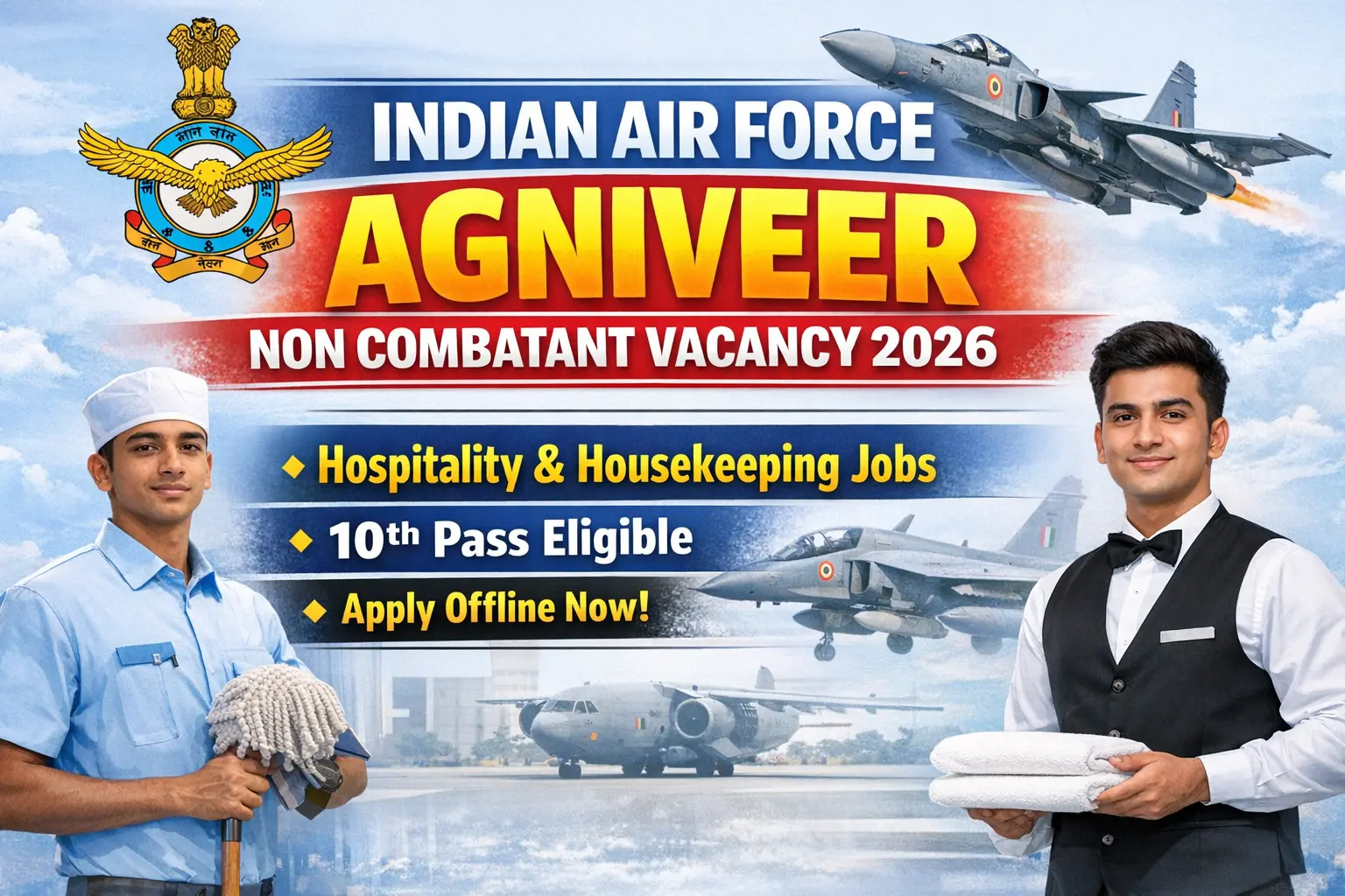 Indian Air Force Agniveer Non Combatant recruitment 2026 notification for Hospitality and Housekeeping Staff posts, salary Rs 30000 per month, offline application free, 10th pass, age 17.5-21 years, last date 23 February 2026