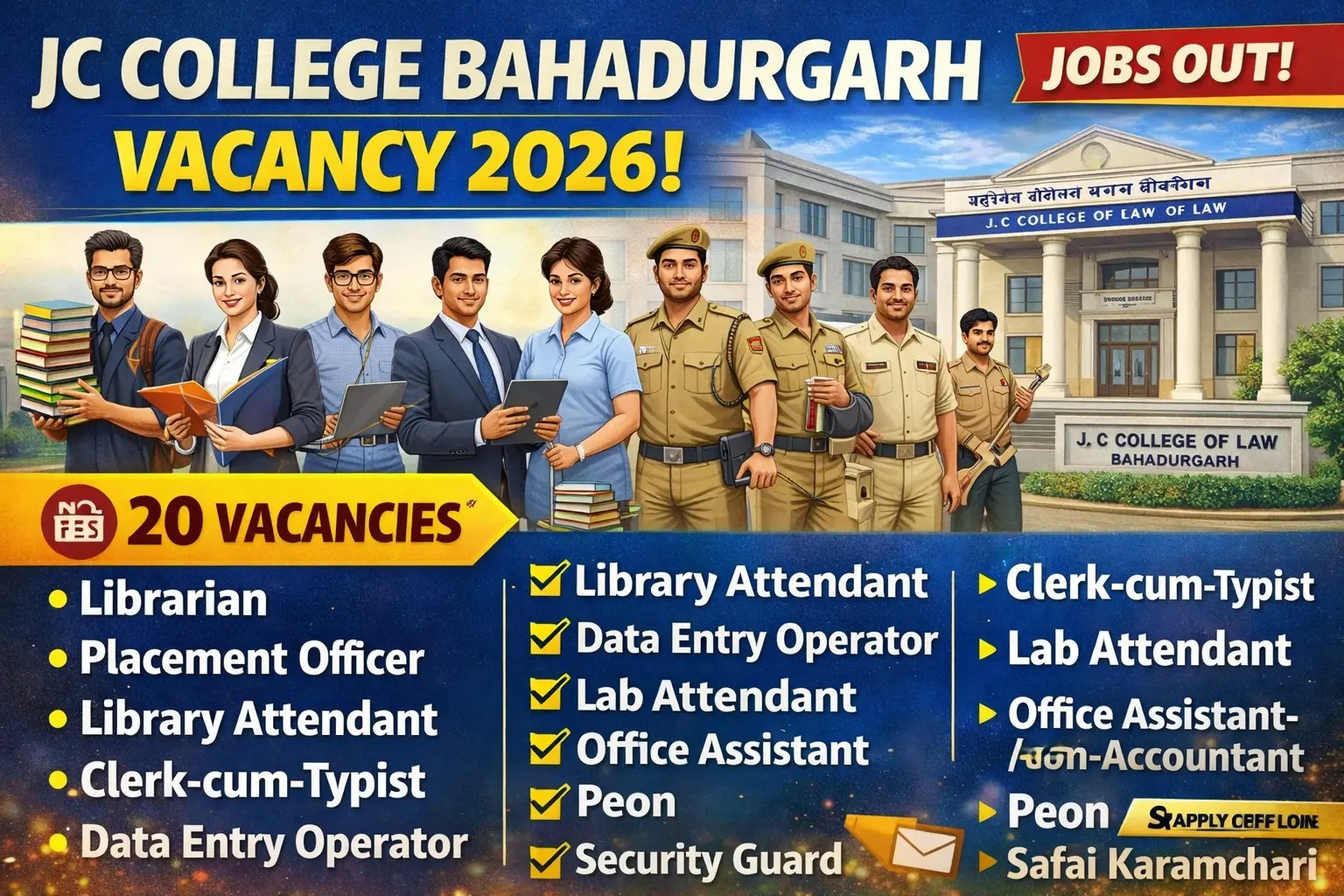 JC College of Law Bahadurgarh Vacancy 2026 notification for 20 posts including Librarian Placement Officer Library Attendant Clerk Typist Data Entry Operator Lab Attendant Office Assistant Accountant Peon Security Guard Safai Karamchari, offline application no fee, age 18-42 years, regular basis jobs, last date 24 February 2026, Haryana education sector jobs