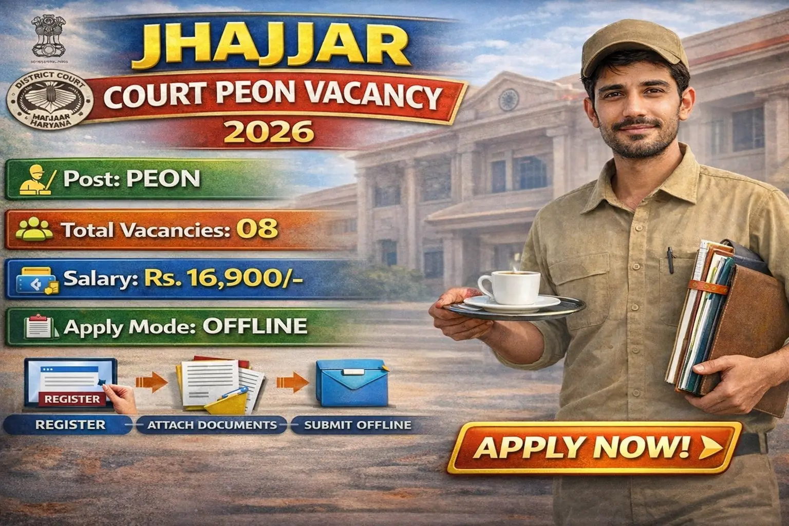 Jhajjar Court Peon Recruitment 2026 - 8 Peon Posts District Sessions Judge Jhajjar Haryana