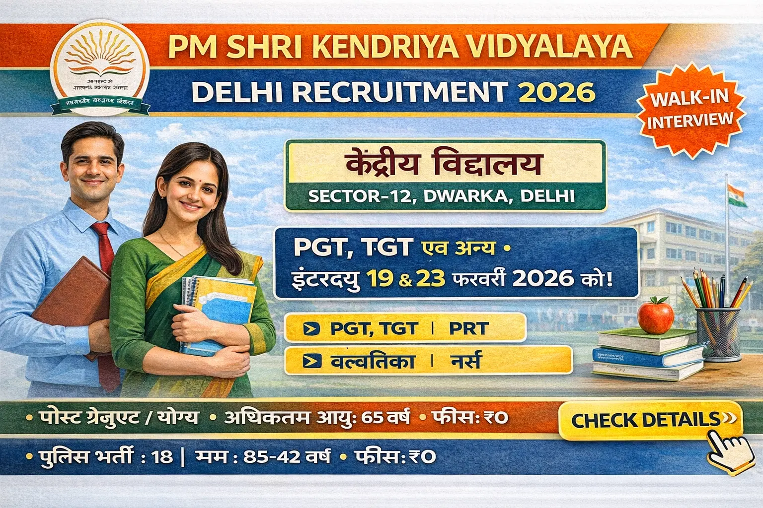 KVS Dwarka Delhi Recruitment 2026 notification for PGT TGT Primary Teacher Balvatika Teacher Special Educator posts, PM Shri Kendriya Vidyalaya Sector-12 Dwarka New Delhi walk-in interview on 19 and 23 February 2026, no application fee, age limit 18 to 65 years, Computer Instructor Yoga Teacher Nurse Counsellor Vocational Instructor vacancies, Kendriya Vidyalaya Sangathan contractual teacher jobs