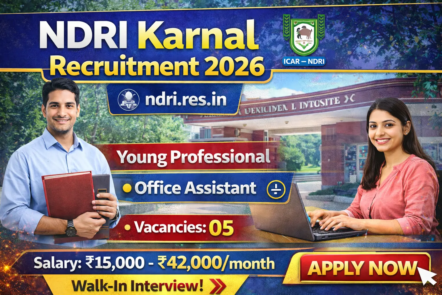 NDRI Karnal recruitment 2026 notification for 5 posts walk-in interview Young Professional I II Office Assistant salary up to Rs 42000 per month age 18-45 years no fee interview dates 23 February to 03 March 2026