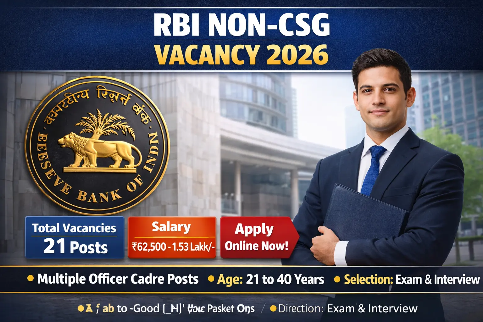 RBI Non-CSG vacancy 2026 notification for 21 posts including Legal Officer Grade B Manager Technical Civil Electrical Assistant Manager Rajbhasha Protocol and Security gross salary Rs 1.53 lakhs per month online application last date 26 February 2026