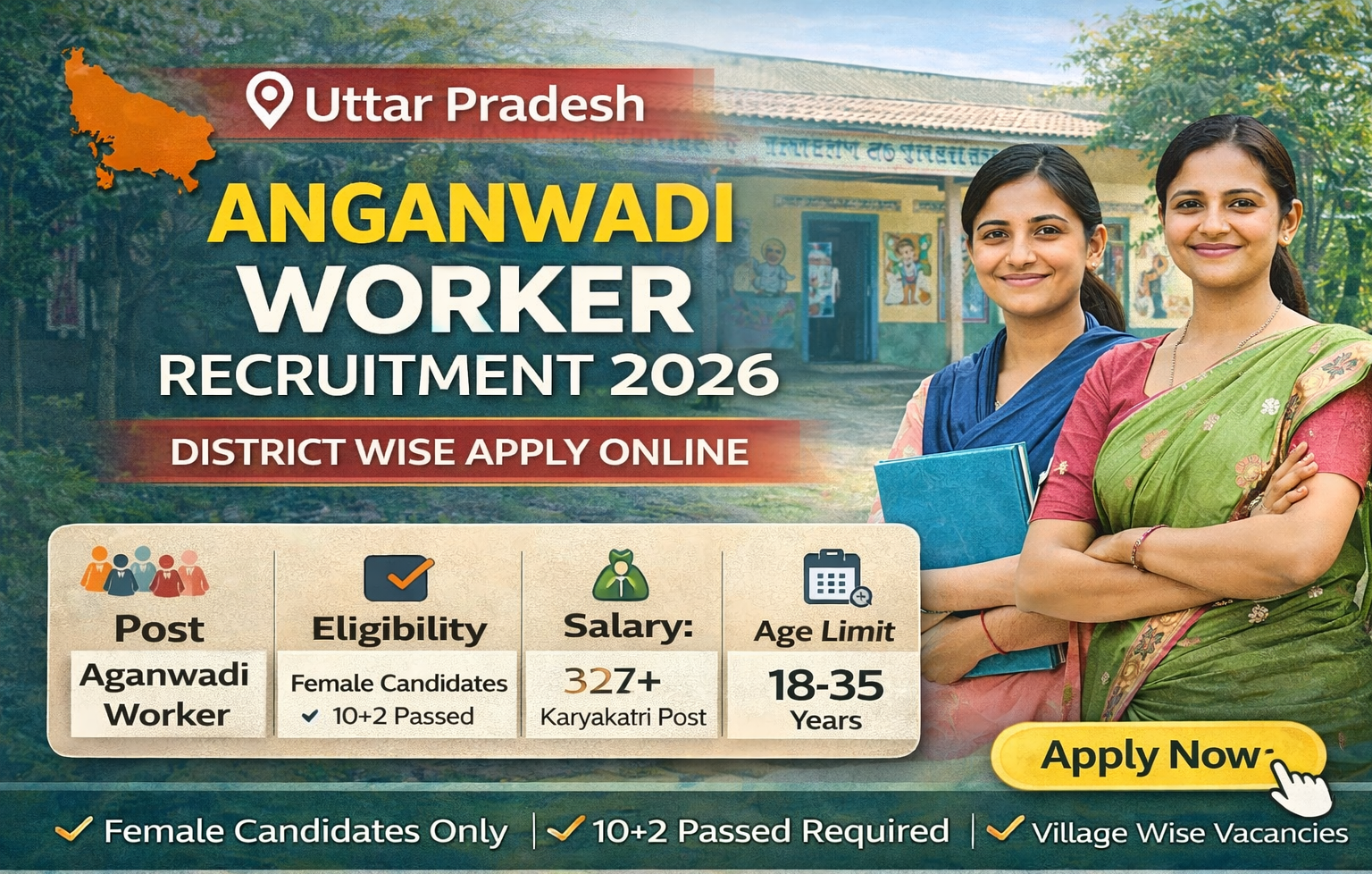 UP Anganwadi Worker Recruitment 2026 notification for 327 posts district wise online application Saharanpur Mirzapur Ballia Jalaun Fatehpur Unnao Muzaffarnagar female candidates only 10+2 pass free application age 18-35 years ICDS Uttar Pradesh