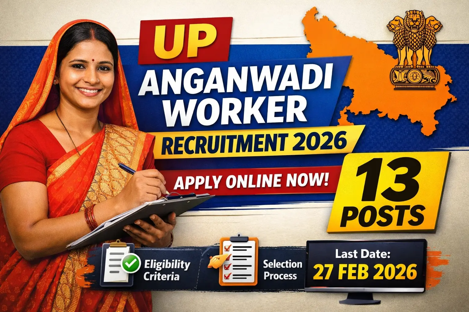 UP Anganwadi Worker Recruitment 2026 notification 13 posts online application age 18-35 years qualification 10th graduate last date 27 February 2026