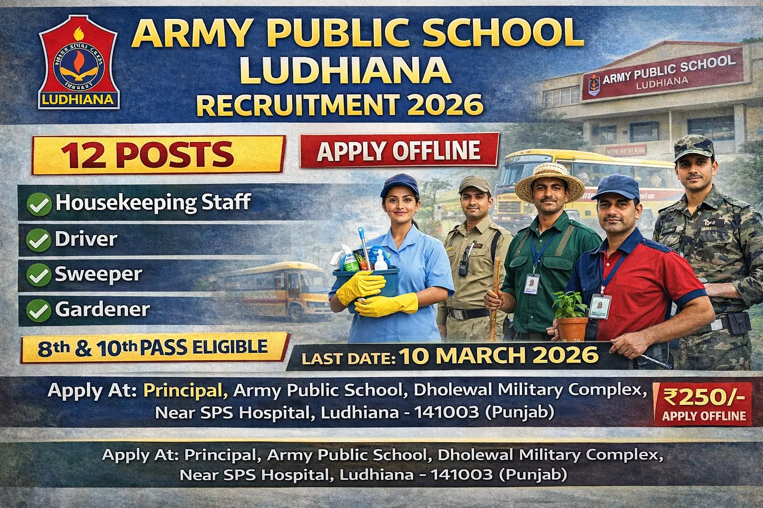 Army Public School Ludhiana Recruitment 2026 for 12 posts including Housekeeping Staff, Driver, Sweeper, Gardener and Watch Ward, offline application, salary details, age limit 18-40 years, last date 10 March 2026