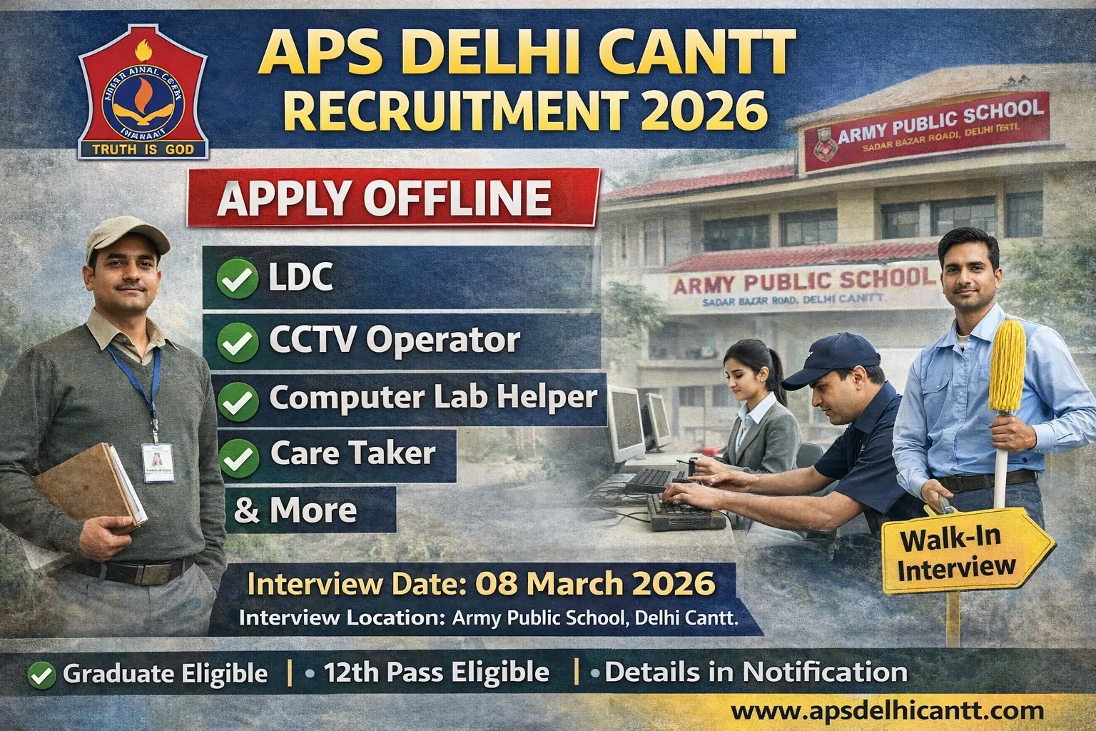 APS Delhi Cantt recruitment 2026 notification for LDC Lower Division Clerk CCTV Operator Computer Lab Helper Care Taker posts walk-in interview on 8 March 2026 at Army Public School Sadar Bazar Road Delhi Cantt 110010 age 18-42 years 12th pass graduate eligibility no application fee free direct interview Delhi school jobs