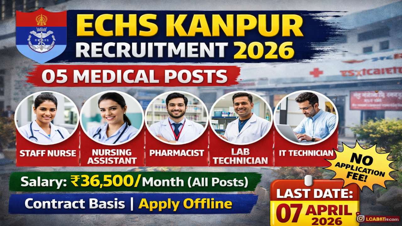ECHS Station Headquarters Kanpur recruitment 2026 notification for 5 medical posts including Staff Nurse, Nursing Assistant, Lab Technician, Pharmacist, IT Net Technician on contract basis in Army Hospitals, monthly salary Rs 36500 for all posts, BSc Nursing, GNM Diploma, B.Pharma, Lab Tech Diploma required, age 18-56 years, Ex-Servicemen ESM priority, no application fee, offline application by post or hand, last date 07 April 2026, interview at Station HQ ECHS Cell Kanpur