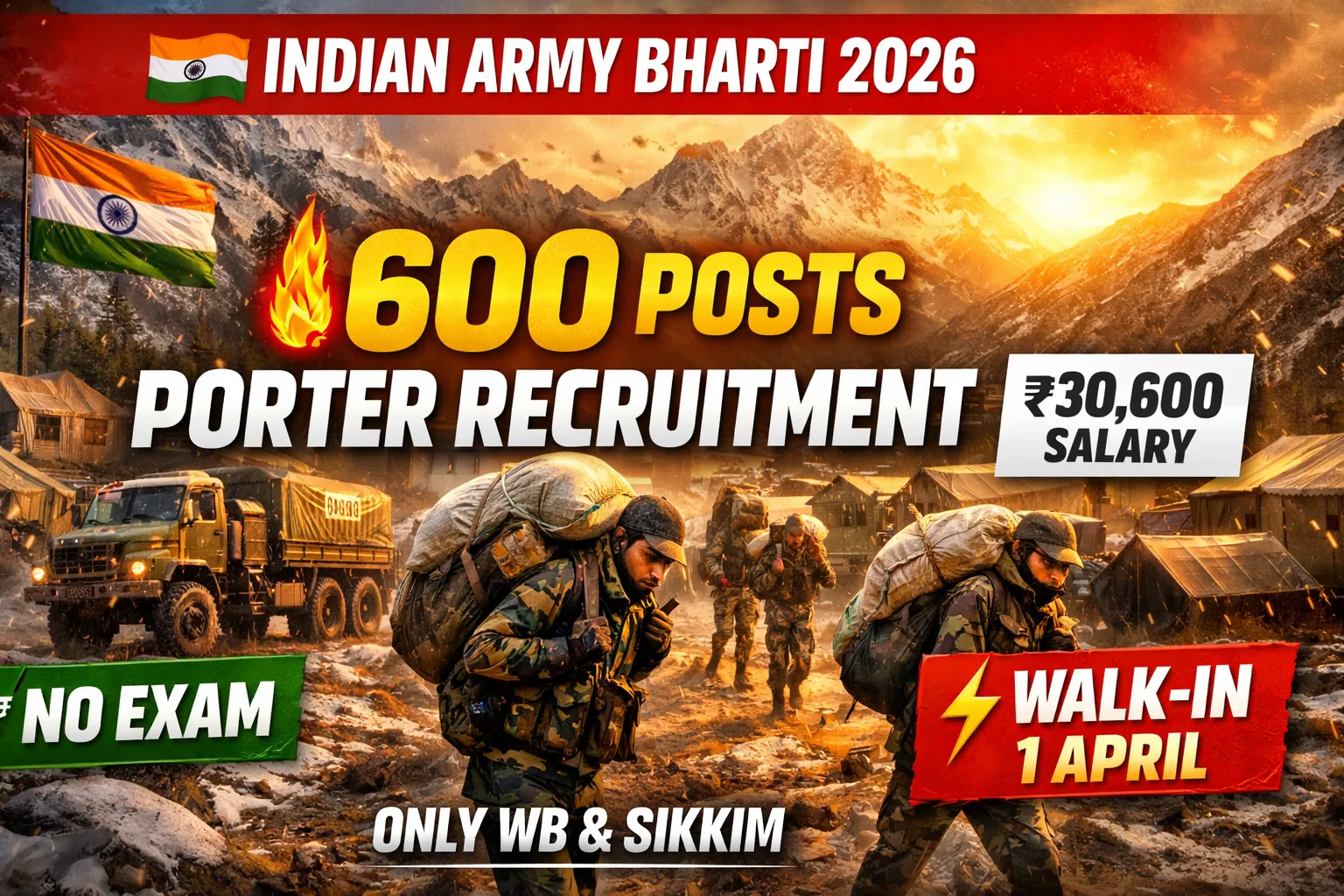 Indian Army Porter recruitment 2026 open walk-in bharti for 600 posts at 286 Medium Regiment Salugara Siliguri, salary Rs 30600 per month, no application fee, walk-in on 01 April 2026 at 5AM, only Sikkim and West Bengal residents eligible