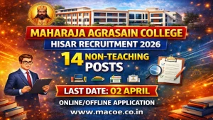 Maharaja Agrasain College of Education Hisar recruitment 2026 notification for 14 posts including D.El.Ed Lecturers in Education Science Mathematics Languages Humanities Fine Arts Performing Arts Physical Education plus Librarian UDC Office Superintendent Computer Operator Lab Assistant, CRSU Jind and SCERT Gurugram affiliated, salary as per rules, age 18 to 42 years, online application by email or offline by post, no application fee free for all categories, last date 02 April 2026, Village Daroli Tehsil Mandi Adampur District Hisar Haryana