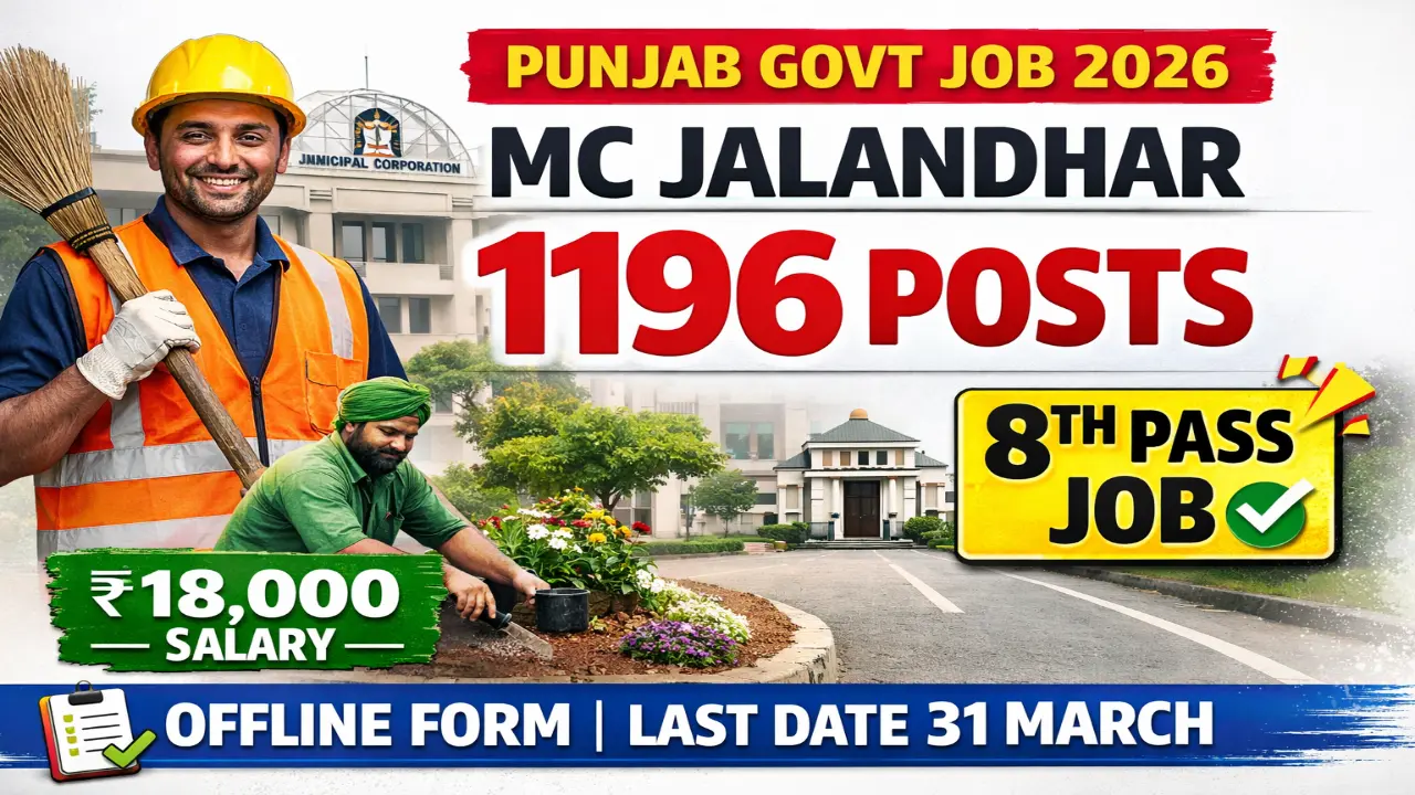 Municipal Corporation Jalandhar recruitment 2026 notification for 1196 posts Safai Sewak 440 Sewerman 165 Garden Beldar Mali 406 Road Beldar 160 Fitter Cooly 25 posts, can read write to 8th pass with Punjabi eligible, salary Rs 18000 per month 7th CPC, application fee Rs 200 for general Rs 100 for SC BC EWS PwD through Punjab National Bank challan account 0235000113238475, age 18 to 37 years as on 01 January 2026, offline personal submission at CFC Centre Company Bagh Zone 4 Baba Farid Chowk Garha Zone Dada Colony Zone Jalandhar 144001, last date 31 March 2026, horticulture certificate required for mali, permanent municipal corporation jobs Punjab
