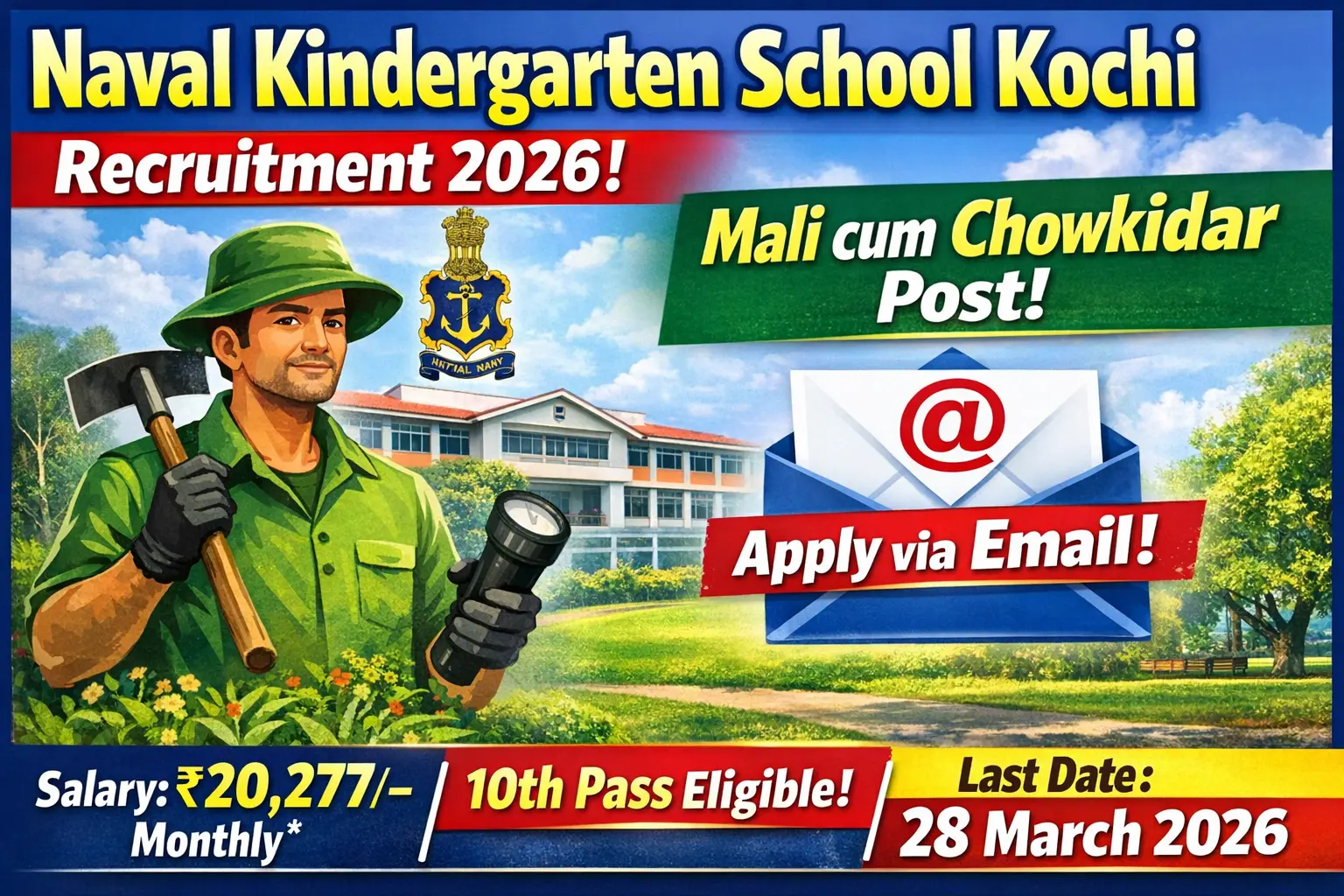 Naval Kindergarten School Kochi recruitment 2026 notification for Mali cum Chowkidar Gardener Watchman post via email application only, salary Rs 20277 per month including PF ESI, no application fee, 10th pass or equivalent or lower qualification eligible, age 21-35 years as on 01 July 2026, last date 28 March 2026, contractual job Naval Base Kochi Kerala