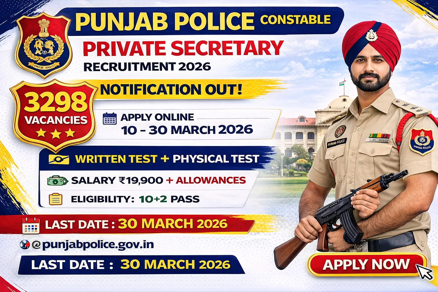 Punjab Police Constable recruitment 2026 notification for 3298 posts in District Police Cadre 2522 and Armed Police Cadre 776, 12th pass with Punjabi eligible, salary Rs 19900, application fee Rs 1200 general Rs 700 SC ST EWS Rs 500 ESM, age limit 18 to 28 years, physical test 1600m running long jump high jump, apply online before 30 March 2026