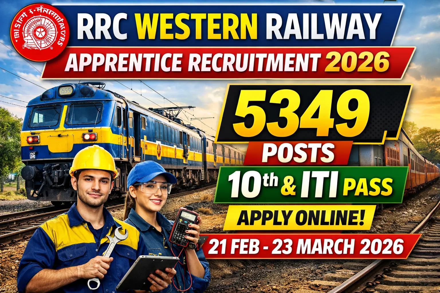 RRC Western Railway Apprentice Recruitment 2026 notification for 5349 posts including Fitter Electrician Welder COPA, 10th pass with ITI required, no written exam, merit based selection, application fee Rs 100, age 15-24 years, apply online at rrc-wr.com, last date 23 March 2026