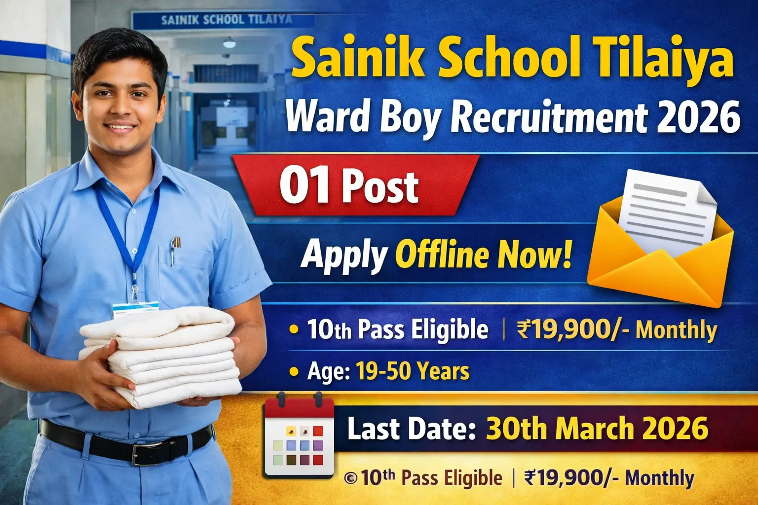 Sainik School Tilaiya ward boy recruitment 2026 notification for 01 post, salary Rs 19900 per month, offline application, 10th pass with English speaking required, application fee 400 for general OBC and 250 for SC ST, last date 30 March 2026