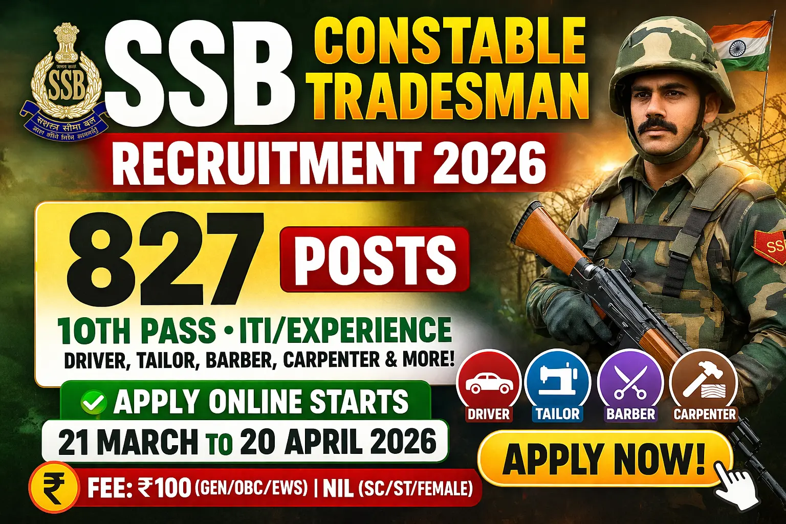 SSB Constable Tradesman recruitment 2026 notification for 827 posts including driver 553 tailor barber carpenter washerman gardener veterinary cobbler water carrier waiter nursing orderly, online application 21 March to 20 April 2026, 10th pass with ITI experience eligible, application fee 100 rupees for general OBC EWS and nil for SC ST female, age 18 to 27 years, selection through written exam trade test PET PST medical, advertisement number 524