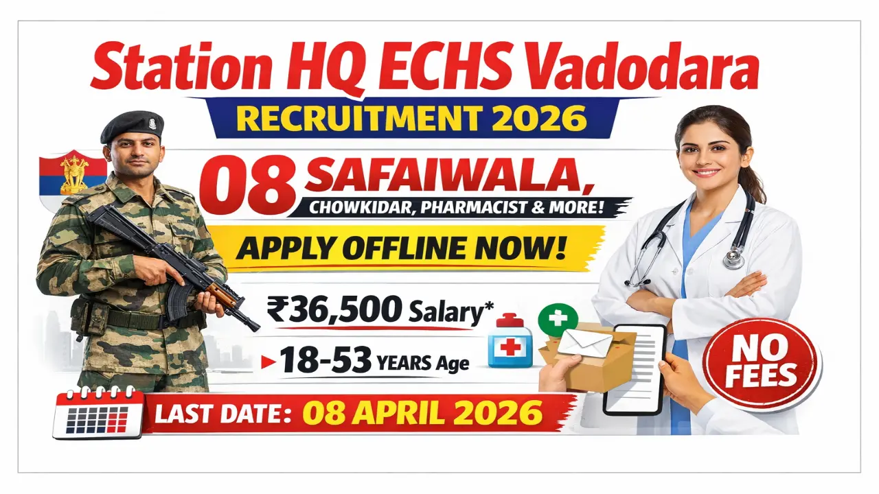 Station HQ ECHS Vadodara recruitment 2026 notification for 08 posts including Safaiwala Housekeeper Chowkidar Female Attendant Data Entry Operator Lab Technician Pharmacist for Ex-Servicemen preference, salary Rs 21800 to Rs 36500 per month, no application fee, offline email application, age 18-53 years, last date 08 April 2026, interview intimation via email mobile