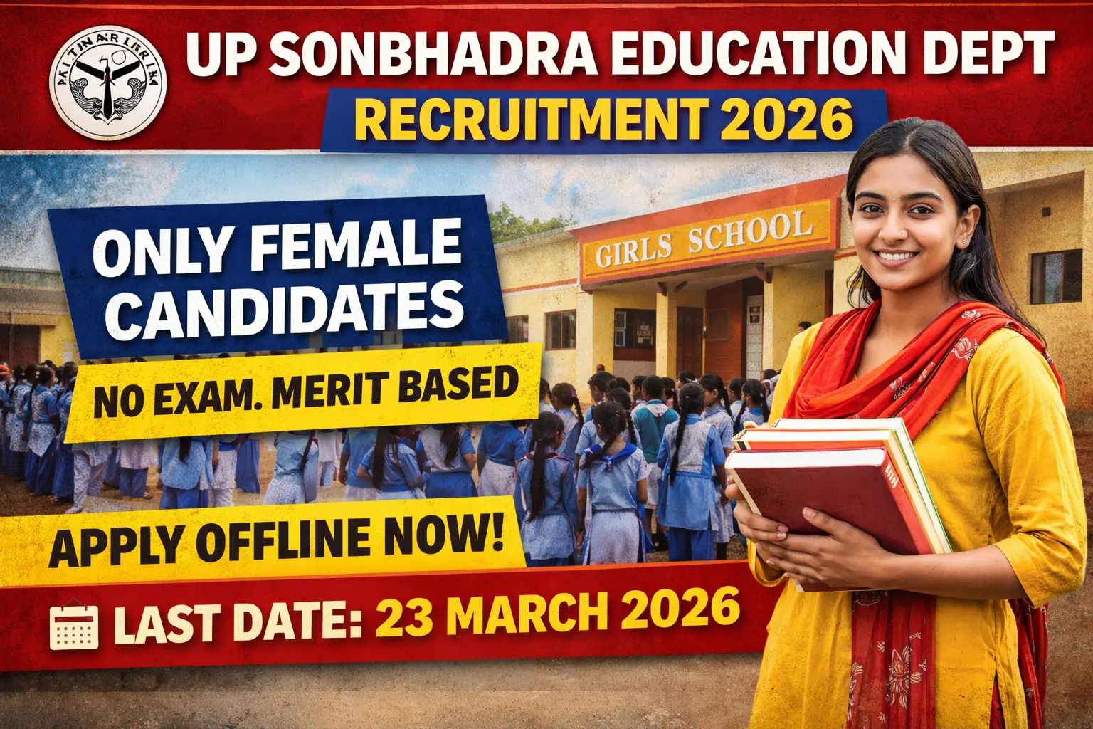 UP Sonbhadra Education Department recruitment 2026 notification for 95 KGBV posts including Principal, PGT Teacher, Lab Assistant, only female candidates, free offline application, merit based selection, last date 23 March 2026