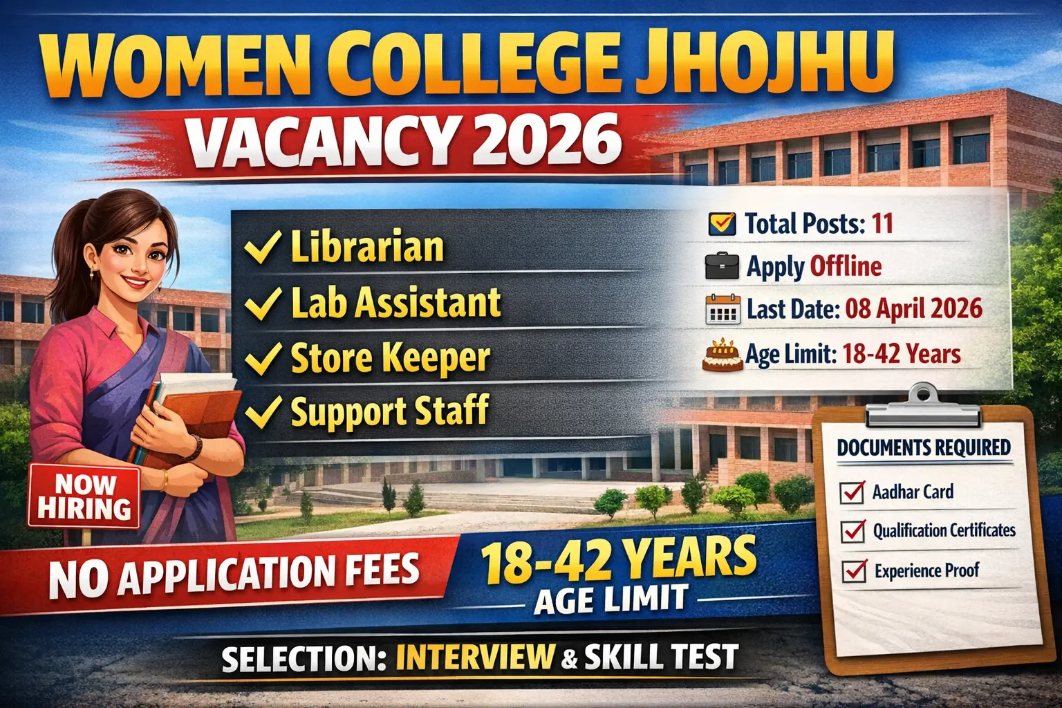 Women College of Education Jhojhu Kalan Charkhi Dadri recruitment 2026 notification for 11 posts including librarian 01 lab assistant 01 office cum account assistant 01 office assistant cum computer operator 01 store keeper 01 technical assistant 01 lab attendant 01 helper 01 support staff 03, offline application by post or by hand, no application fee for all categories, 10th 12th graduate post graduate eligible post wise, age 18 to 42 years, last date 08 April 2026, contractual jobs, send application to women college jhojhu kalan and copy to dean of colleges CBLU Bhiwani