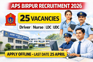 Army Public School APS Birpur Dehradun Uttarakhand recruitment 2026 notification for 25 contractual posts including Driver, Para Medics Nurse, Receptionist, Lower Division Clerk LDC, Upper Division Clerk UDC Account Clerk, Accountant, Computer Lab Technician, Science Lab Attendant, application fee Rs 250 bank draft, experience 5 to 15 years required, age 18 to 40 years, contract 3 years, offline application by post or in person, last date 25 April 2026