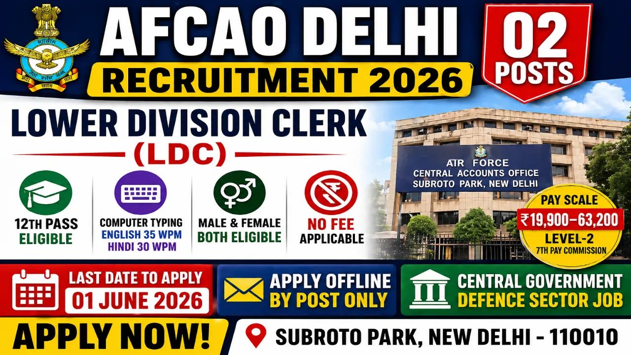 AFCAO Subroto Park Delhi Lower Division Clerk recruitment 2026 notification for 02 posts, OBC ST candidates, pay scale Rs 19900 to 63200, offline application free, last date 01 June 2026