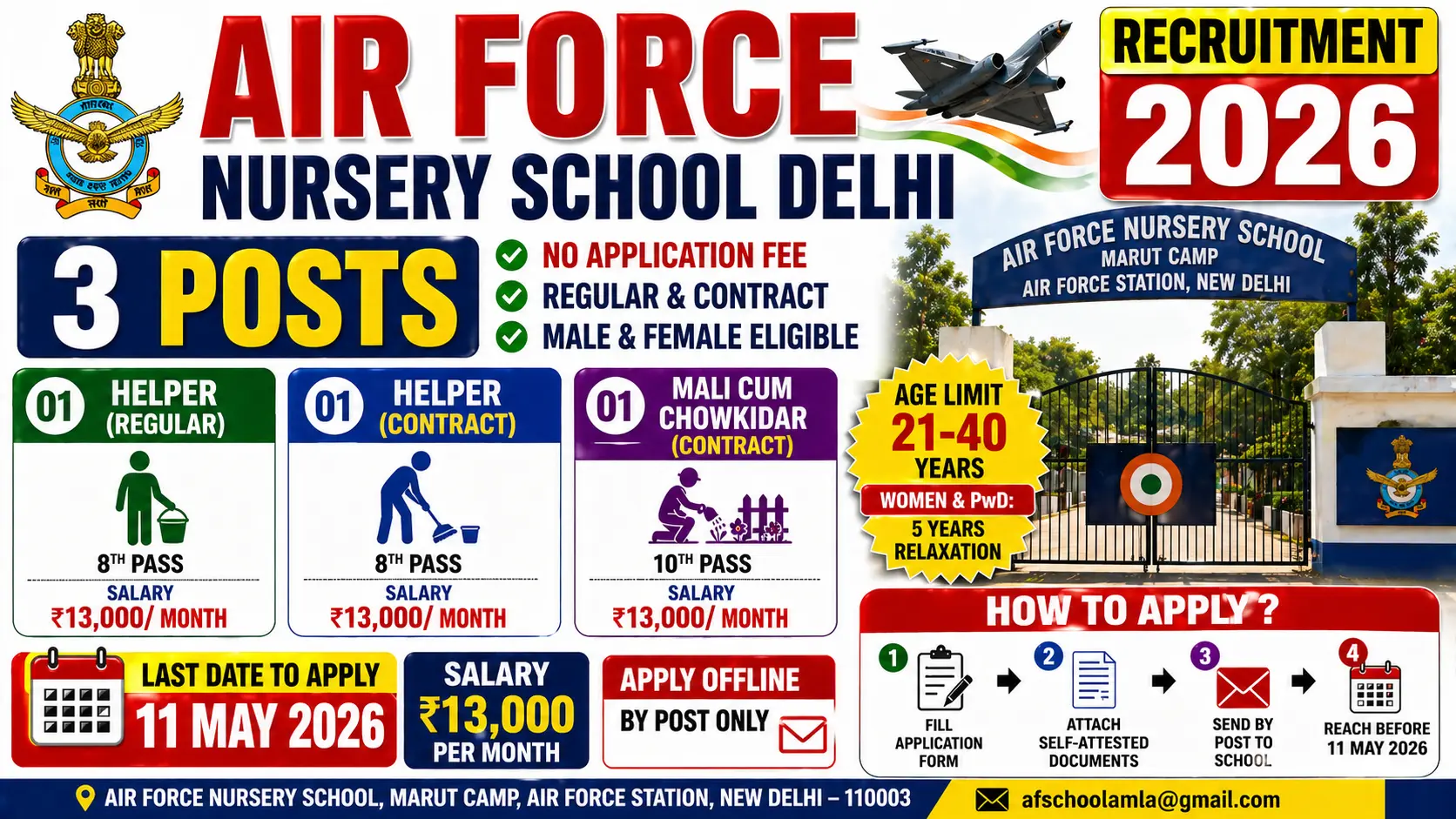 Air Force Nursery School Delhi recruitment 2026 notification for Helper Regular Contract and Mali cum Chowkidar positions, salary Rs 13000 per month, offline application free, age limit 21-40 years, last date 11 May 2026